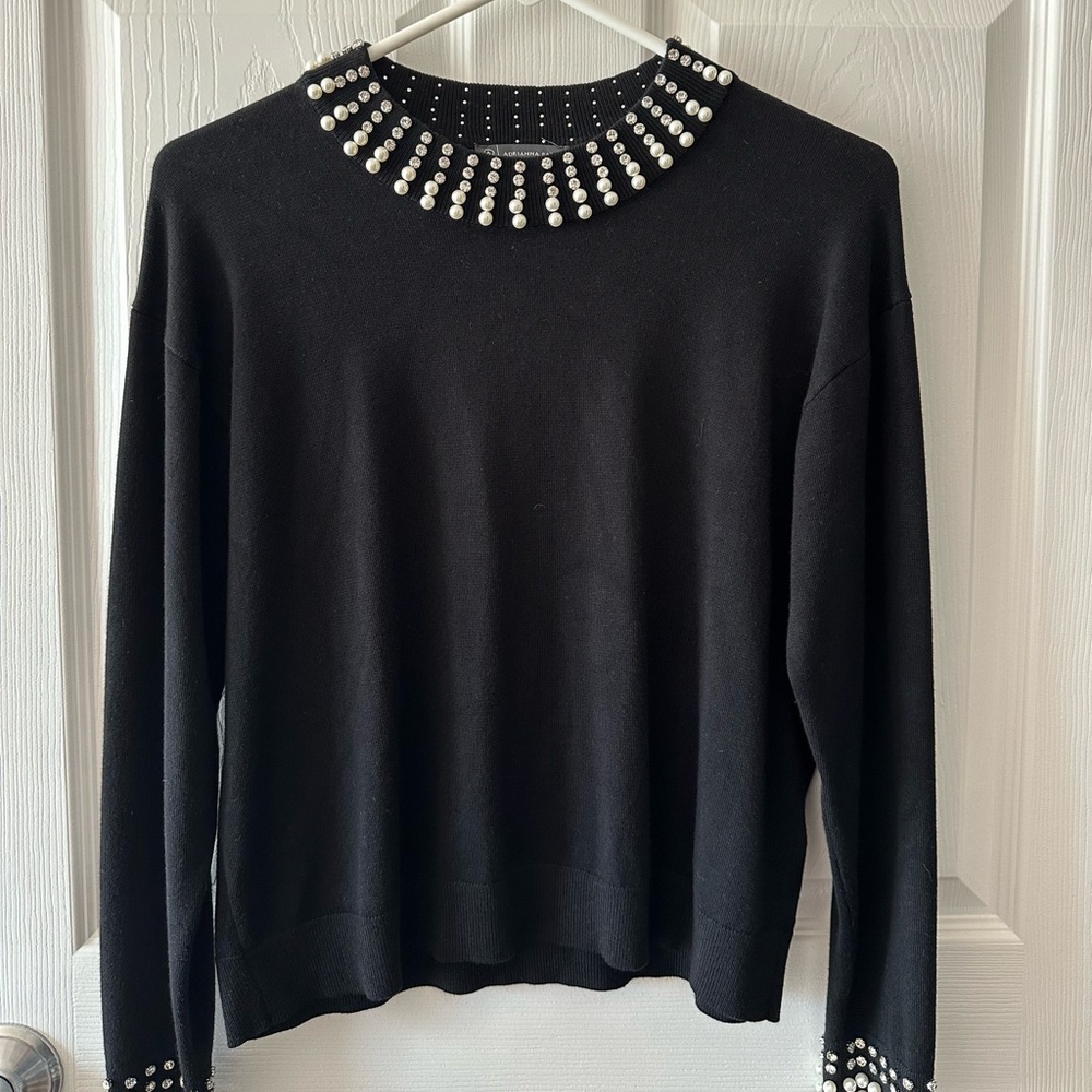 Adrianna Papell Black Sweater with Pearl and Rhinestone Embellishments